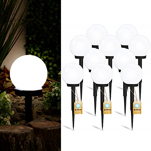 Lumiled 10 Stück Solar Gartenleuchte Solarlampe Solarkugeln für Garten Außen Leuchtkugel Kugel mit Erdspieß Dämmerungssensor Außenleuchte Wegeleuchte Stehleuchte LED IP44 Kaltweiß ∅10