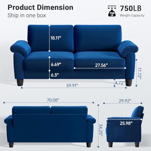 70\" Living Room Couch Sofa, Velvet Deep Couches for Small Spaces, Mid Century Modern Loveseat with Storage Bag, Bedroom, Apartment, Office, Removable Sofa Cover Spring Cushions, Fast Assembly, Blue