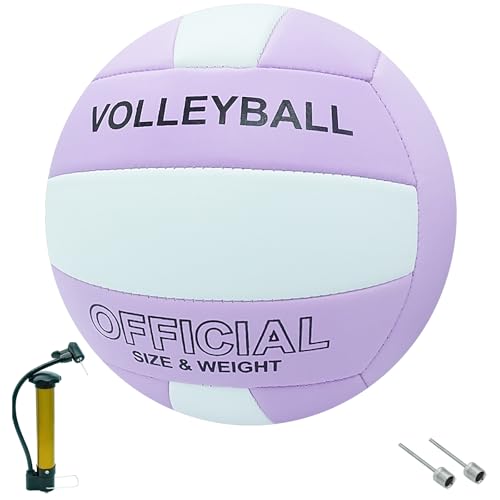 Soft Volleyball Official Size 5 for Indoor Outdoor Beach Pool Gym Training, 1 Volleyball with 1 Pump & 2 Air Needles for Girls Boys Beginner Teenager Adult (Purple White)