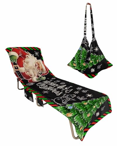 Christmas Black Beach Chair Towel Covers for Chaise Lounge with Side Pocket, Soft Plush Pool Towels Cover for Patio Sunbathing Outdoor 29''x85'' Green Pinr Tree Winter Snowflake
