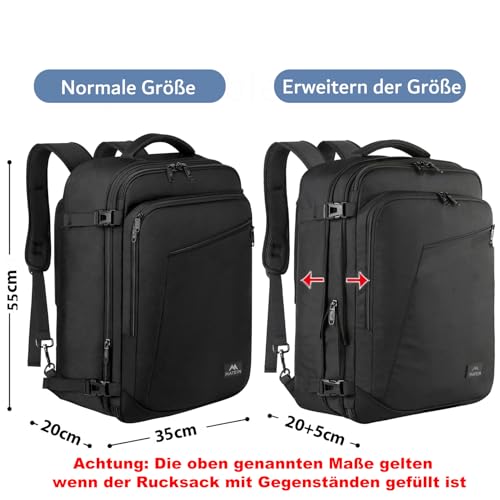 MATEIN 50L Groß Reiserucksack Handgepäck für Flugzeug 55x35x25cm Air France Rucksack Herren Erweiterbar Arbeitsrucksack Wasserabweisend Carry-On Damen Cabin Bag Tagesrucksack für Bussiness, Schwarz