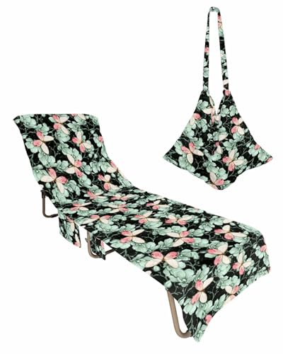 Teal Botanical Beach Lounge Chair Towel Cover, Soft Chaise Lounge Towel with Side Pockets Patio Pool Chairs Cover for Beach/Pool Sunbathing 29x85 Spring Floral Summer Butterfly