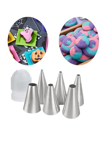 Round Piping Nozzles Set with Coupler- Stainless Steel Plain Icing Nozzles in 6 Sizes for Macarons,Writing,Royal Icing,Cookie and Cake Decorating