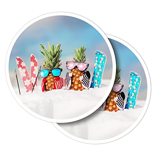 Adesivi rotondi in vinile (set di 2) 10 cm - Sci Snowboard Vacanze Ananas per laptop, tablet, bagagli, rottami booking, frigoriferi #52049