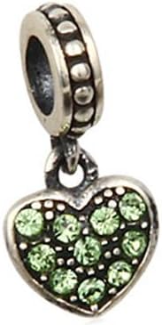 Love Heart Charm Bead - August Birthstone - .925 Sterling Silver, Simulated Peridot Austrian Crystal - Fits Pandora Charm Bracelet