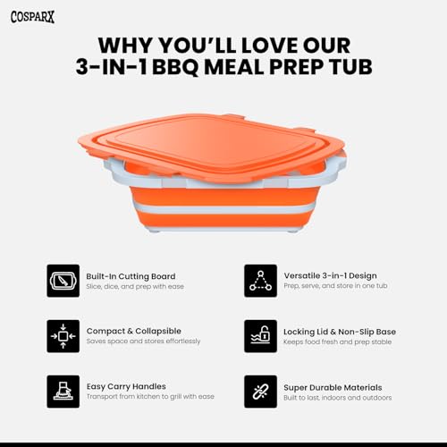 XL Collapsible BBQ Prep Tub with Cutting Board & Drain Plug – Portable Food Prep Station for Kitchen, Camping & Grill – Dishwasher Safe, Space-Saving Design – Heat-Resistant Glove Included (Orange) by COSPARX - Image 3