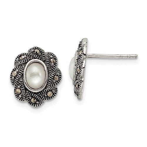 Sterling Silver Antiqued Marcasite & Mother of Pearl Post Earrings