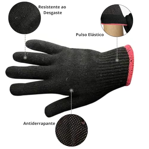 Luva Preta Pigmentada Tricotada Segurança EPI Canteiro Obra | Fertak | Kit 12 Pares