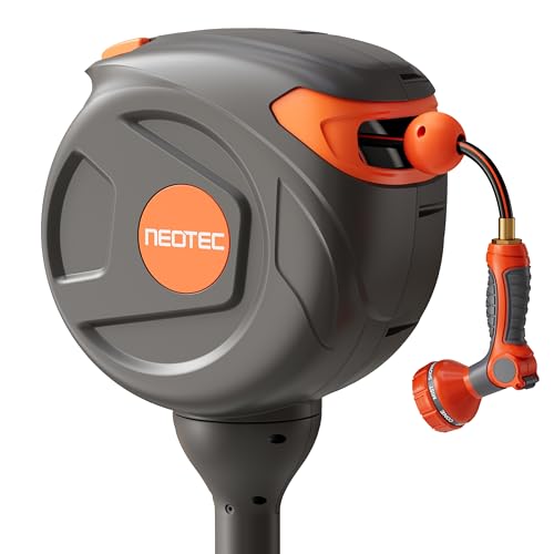 Retractable Garden Hose Reel 360 Swivel 82 ft 1/2 Inch Ground-Mounted Freestanding Water Hose Reel No-Drill Installation Any-Length Lock 20% Slow Return for Large Yard Lawn Car Washing