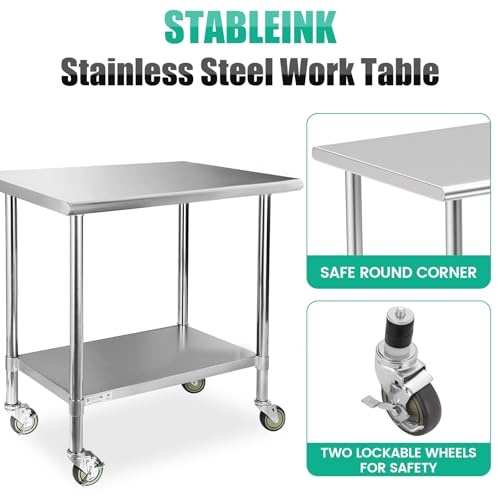 Image of STABLEINK NSF Stainless Steel Small Table 18x30 Inches with Wheels, Metal Prep & Work Table with Adjustable Undershelf, for Commercial Kitchen, Restaurant, Hotel and Garage
