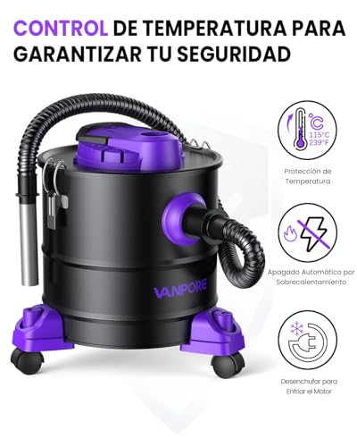 Miniatura 4 de Vanpore Aspirador Cenizas Para Chimenea, Aspirador De Cenizas De 20l, Potente Succión De 1200w, Aspiradora Para Chimenea Con Base Rodante, Para Chimenea, Parrilla De Pellets, Estufa Y Fogata