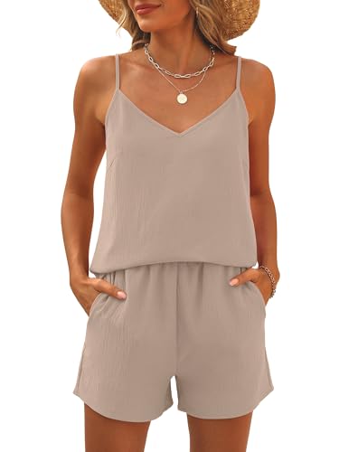 Caracilia Womens 2 Piece Lounge Sets Summer Outfits V Neck Tank Top Short Matching Set Casual Travel Beach Vacation Clothes Apricot Small