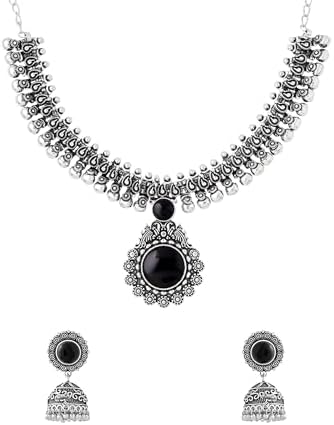 Yellow Chimes Oxidized Silver Kolhapuri Necklace Set With Jhumka Earrings Jewellery Set For Women (Oxidized Silver, Black) (Yctjns-01Chokr-Bk)