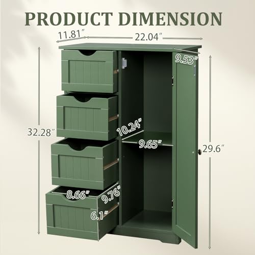 Image of Vasitelan Bathroom Wooden Floor Cabinet, Side Storage Organizer with 4 Drawers and 1 Cupboard, Freestanding Entryway Storage Unit Console Table,22 inch W x 11.8 inch D x 31.5 inch H (Green)