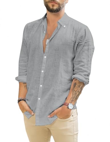 TARAINYA Camisa Lino Hombre Verano con Bolsillos Casual Camisas Hombre Manga Larga Regular Fit Gris Oscuro 2XL