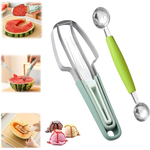 Melonenschneider Edelstahl 3-in-1 Wassermelonen Schneider Obstschneider Melone Melonenmesser Melonen Schneider Melonenausstecher mit Kugelausstecher und Portabilität Obst Gabel