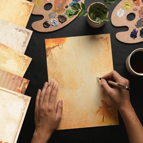 Image of HASTHIP 40 Pcs Letter Writing Paper - A4size 8 Designs Vintage Floral Decorative Handmade Paper Retro Stationery Antique Yellowish Craft Papers for Invitations, Scrapbooking, Journaling, 11.2x8.26in
