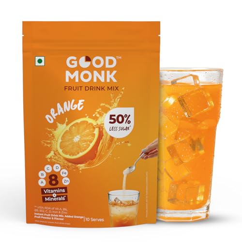 Good Monk Fruit Drink Mix (Natural Orange Powder), 50% Less Sugar with 8 Vitamins & Minerals (Vitamin B12, C, D, Iron & more) | Tasty, Healthy & Tangy Drink Mix for Hydration, Energy, Immunity, 10 Serves