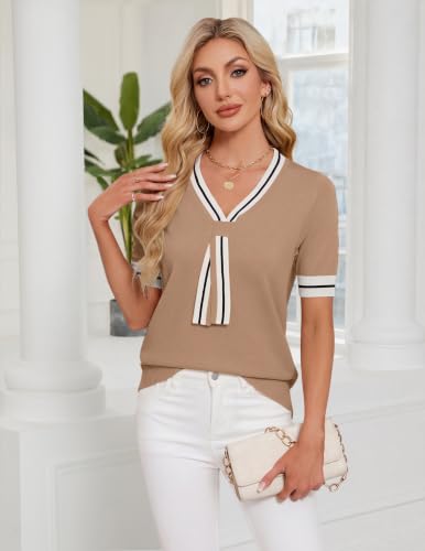 Image of Womens Knit Top Short Sleeve Sweater Work Summer Tops Cute Business Blouse | Lightweight Cute Bow Tie Sweater 2026 Chic V Neck Business Casual Outfits Tops