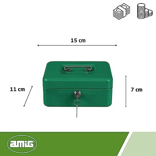 Amig - Sicher | Geldkassette | Safe für Geld, Scheine und Münzen | Mit Münzfach und 2 Schlüsseln | Stahl | Farbe: Grün | 150 x 110 x 70 mm
