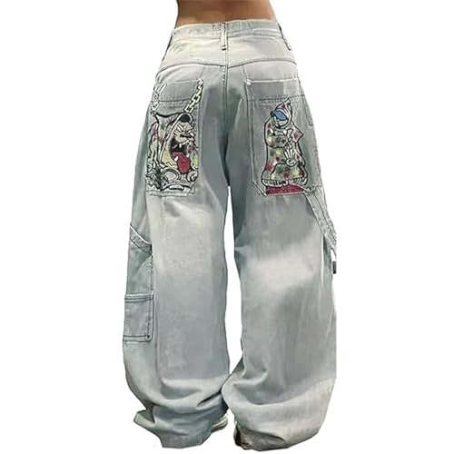 Baggy Barrel Y2k Sweatpant Jeans for Women High Waist Vintage Wide Leg Jeans with Skeleton Print Goth Denim Pants4