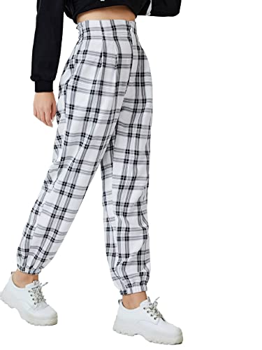 WDIRARA Women's Plaid Elastic High Waist Casual Tartan Pants with Pockets3