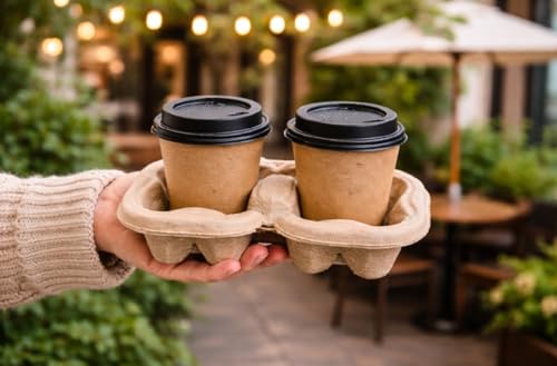 2 Cup Compostable Paper Pulp Cup Carrier, 100Pack Heavy Duty Disposable Coffee Cup Holder, 8.66 x 4.33 x 1.65 Inches, Leak-Proof Eco Friendly Drink Tray for Delivery, Takeout, Food Truck, Party, by TanZenGPackage - Used condition - Image 2
