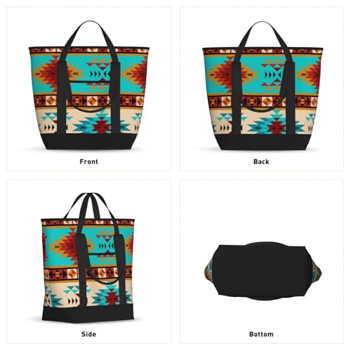 Aztec Beige Blue Large Capacity Insulated Shopping Tote Bag – Keeps Food Cold/Hot For Hours, Ideal For Travel, Groceries & Outdoor Use2