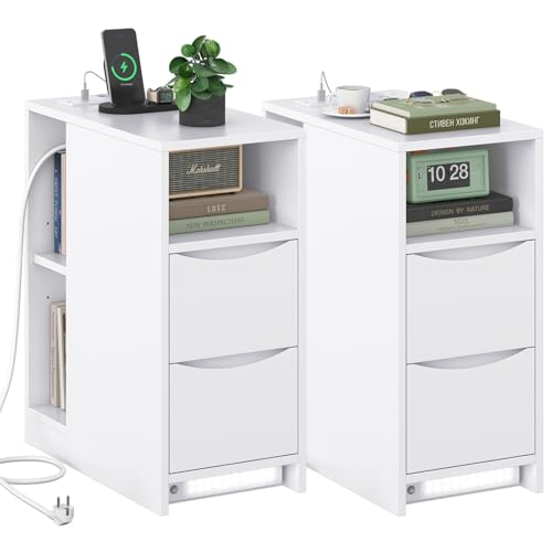Brinlawb Nachttisch 2er Set mit Ladefunktion und LED-Beleuchtung, Nachttisch Schmal Nachtschrank 2er Set mit 3 offenen Fächern, 2 Schubladen,...