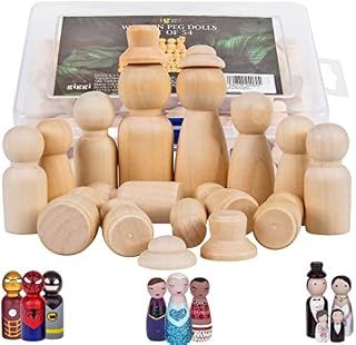 Giggi Peg Dolls 54 Pcs Assorted Sizes with 4 Hats - Unfinished Wooden People Shaped Dolls Ideal for Painting, Craft Kits for Kids, DIY Doll Making and Party, Cake & Christmas Decoration