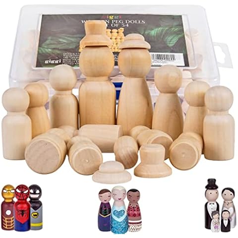 Giggi Peg Dolls 54 Pcs Assorted Sizes with 4 Hats - Unfinished Wooden People Shaped Dolls Ideal for Painting, Craft Kits for Kids, DIY Doll Making and Party, Cake & Christmas Decoration Cover