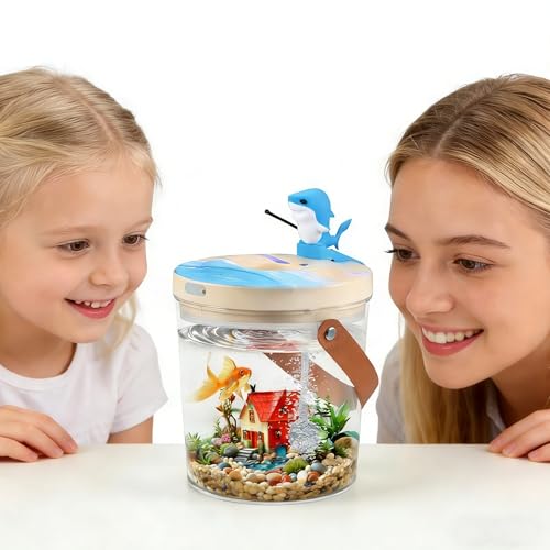 Portable Mini Fish Tank, Rechargeable,with Air Pump Oxygenation, and Multi-Color Automatic Switching LED Lights. 0.3 Gallon Plastic Aquarium for Travel