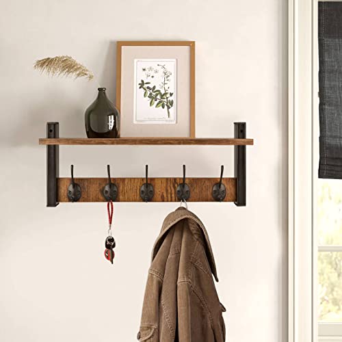 Homode Wall Hooks With Shelf, Wood Coat Rack With Shelf Wall-Mounted, Entryway Hanging Shelf With 5 Metal Hooks For Clothes Hats Towel Purse Robes, Bathroom Mudroom Bedroom, Rustic Brown Black #TOP4