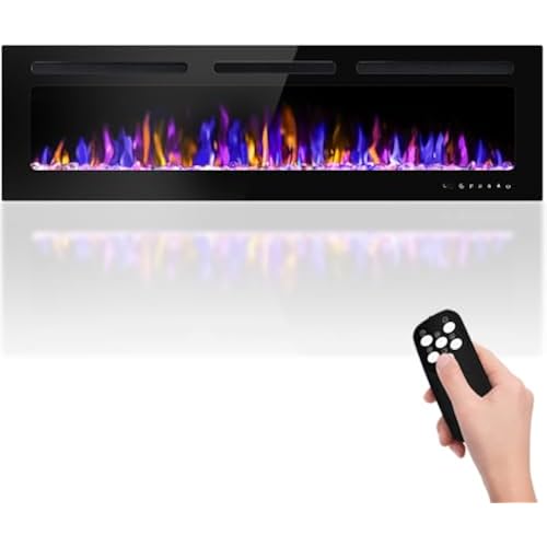 BETELNUT 60" Electric Fireplace Wall Mounted and Recessed with Remote Control, 750/1500W Ultra-Thin Wall Fireplace Heater W/Timer Adjustable Flame Color and Brightness, Log Set & Crystal Options