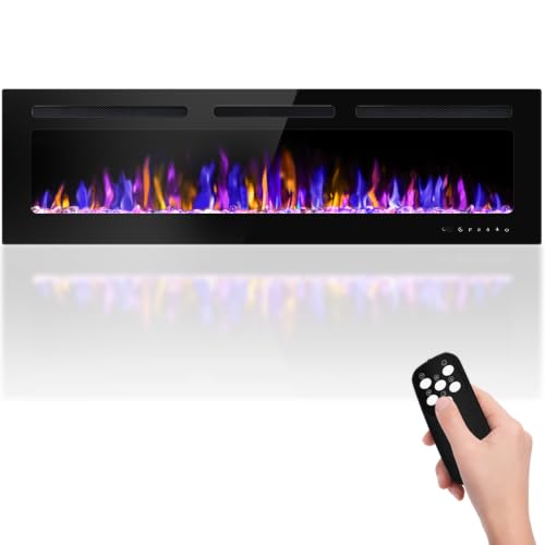 BETELNUT 60' Electric Fireplace Wall Mounted and Recessed with Remote Control, 750/1500W Ultra-Thin Wall Fireplace Heater W/Timer Adjustable Flame Color and Brightness, Log Set & Crystal Options