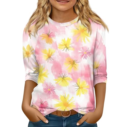 Clothes for Teen Girls Tops 3/4 Length Sleeve Shirts Graphic Floral Print Pullover Blouses Loose Tops 5-16 Years