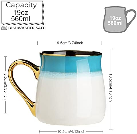 KELINGO Large 560 ML/19 Oz Ceramic Coffee Mugs with Golden Handle, Big Tea Cup Mug for Office and Home, Gift and Present (White)