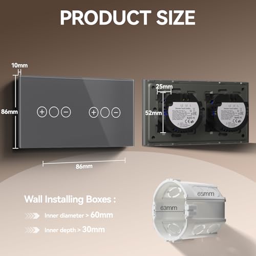 BSEED Doppelt DimmSchalter f&uuml;r LED-Lampen, Touch Lichtschalter aus Glas, Non-wifi Schalter 240V f&uuml;r eine perfekte Listimmungsvolle, 1 Fach 2 Wege Grau