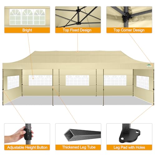 Image of COBIZI 10x30 Pop Up Canopy Tent with 8 Sidewalls,Heavy Duty Canopy,Khaki