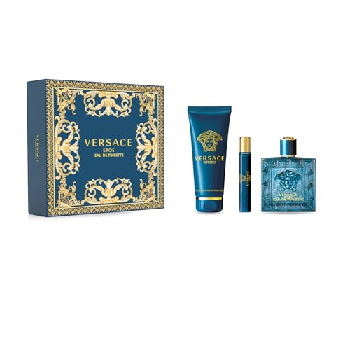 Versace Eros Men's 3 Pcs Gift Set: 3.4 Ounce EDT + 5 Ounce Versace Shower Gel + Mini Eros 0.33 Ounce - Hard Box