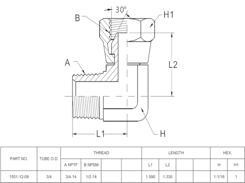 Image of 1501-12-08 Hydraulic Hose Adapter Fitting 3 /4 inch Male (3 /4 inch-14NPTF) x 1 /2 inch Female (1 /2 inch-14NPSM) Swivel 90 Elbow SAE Pipe Joints Tube Connector Carbon Steel