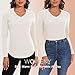 WOWENY Women's V Neck Long Sleeve Thermal Shirts Fleece Pullover Top Soft Base Layer Undershirts Basic Cold Weather (White, L)