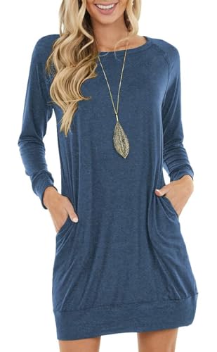 Image of PrinStory Women Jumper Dress Long Sleeve Winter Dresses Casual Loose Mini Dresses Knitted Pullover Sweater Tunic Tops Basic Dress With Side Pockets UK Size 22-24 (VG Blue, XXL)