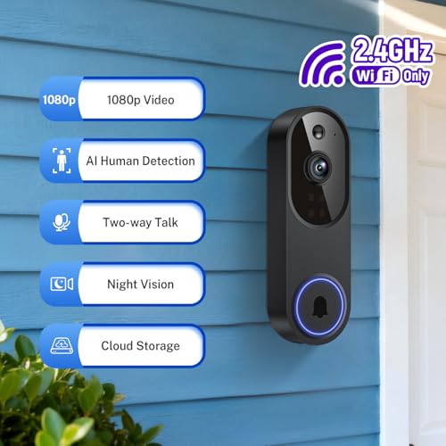 Orbitell Wireless Wi-Fi Video Doorbell Camera with Two Way Audio, AI Motion Detection, Night Vision and Cloud Storage, 2.4G Wi-Fi only (Black-NoChime)