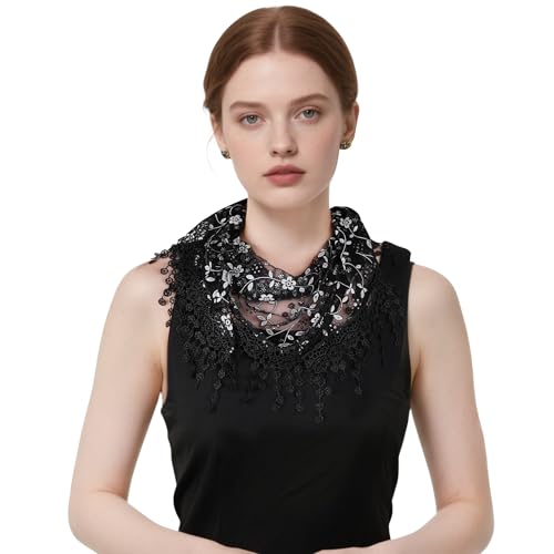 Lystaii Triangle Lace Mantilla Veil with Tassel Tulle Scarf Shawl Cathedral Head Covering Floral Chapel Veil for Mass Wedding (Black)