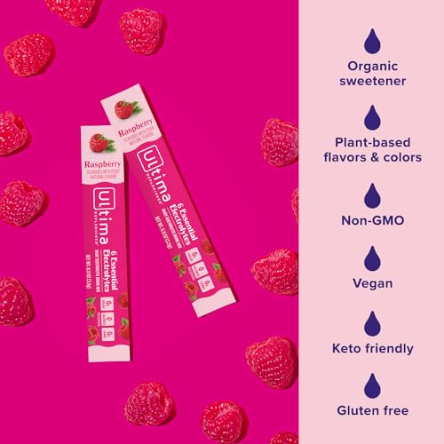 Image of Ultima Replenisher Daily Electrolyte Powder - Raspberry, 20 Stickpacks - Zero Sugar Hydration Packets with 6 Electrolytes and Minerals - Sugar Free, Plant Based & Keto Friendly Drink Mix