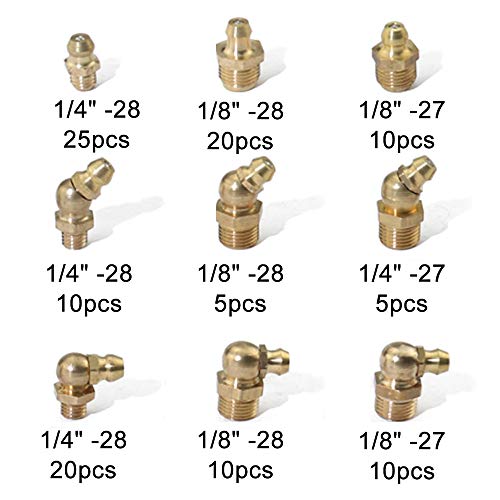 Boeray 115Pcs 1/4” 1/8” Hydraulic Grease Brass Zerk Fitting Sae Standard Assortment Kit-Straight, 90-Degree, 45-Degree Angled Zerk Assortment Set #TOP1
