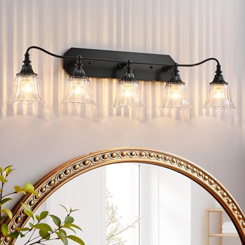 Image of LmnLvn Bathroom Vanity Black Vintage Light Fixture, 5 Lights Bathroom Lighting Matte Antique Brass Finish with Crystal Glass Shade, Black Vintage Vanity Light