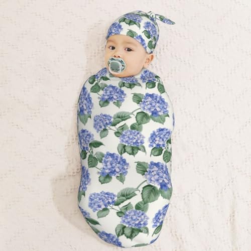 Image of Hydrangea Flower Newborn Swaddle Blankets Hat Sets Soft Baby Receiving Blanket Swaddle Sack for Baby Shower Infant Boy Girl Gift
