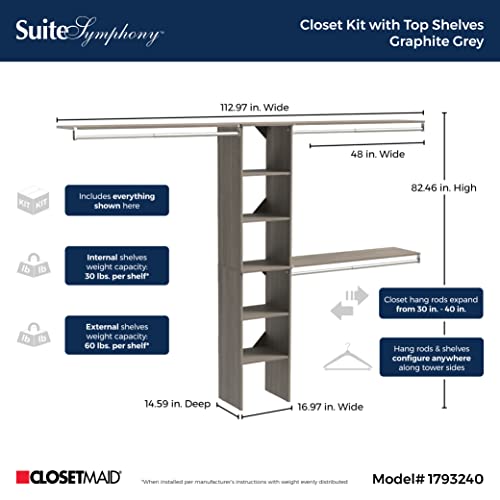 Image of ClosetMaid SuiteSymphony Wood Closet Organizer Kit with Tower, 3 Hang Rods, Top Shelves, Adjustable, Fits Spaces 5-9 ft. Wide, Graphite Grey